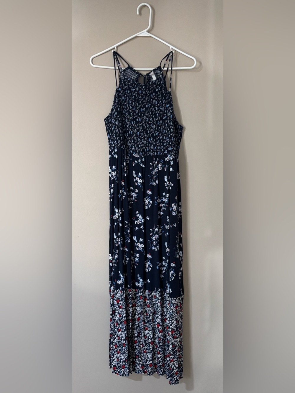 Xhilaration Navy Floral Maxi Dress with Smocked Bodice